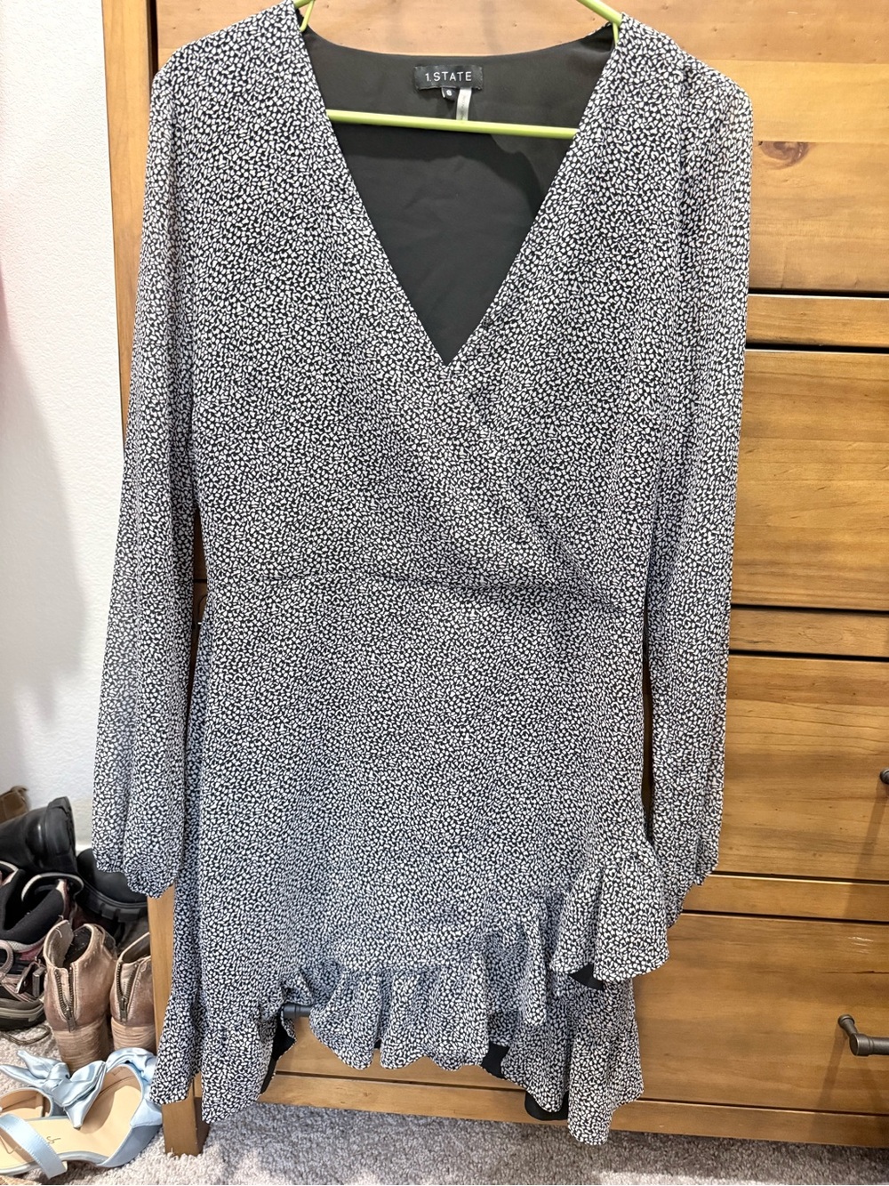 1. State Black & White Speckled Long Sleeve Wrap Dress